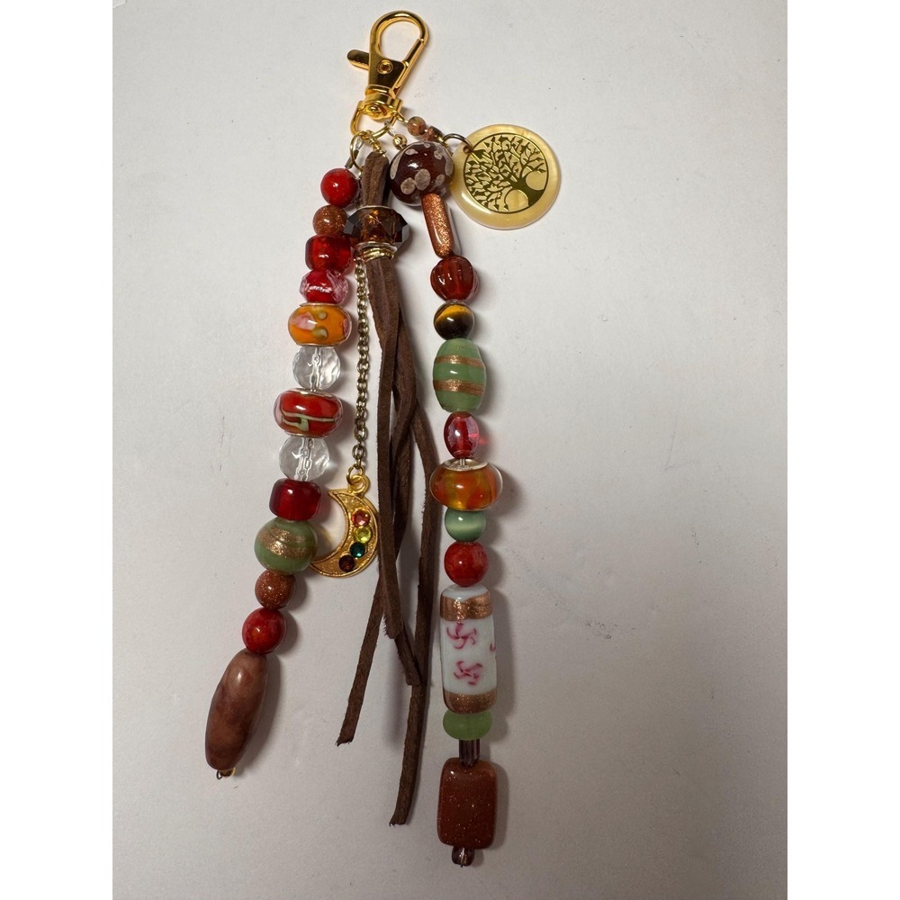 Boho Beaded Bag Purse Charm reds & brown colors gold‎ tone Gift